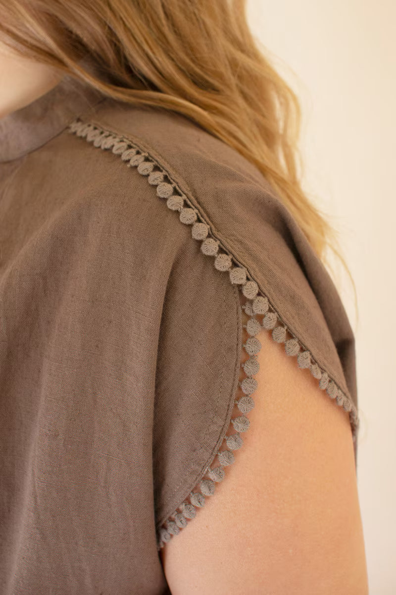 Oregano High-Neck Shortsleeve Blouse with Flat Pom-Pom Lace Detail