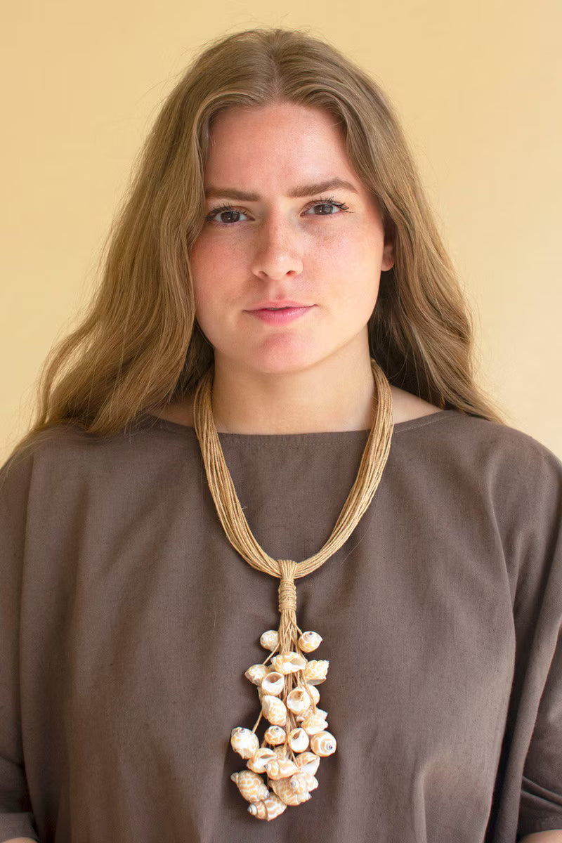 Multi-Layered Natural Jute with Shell Cluster Necklace