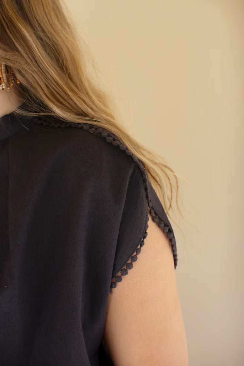 Midnight High-Neck Shortsleeve Blouse with Flat Pom-Pom Lace Detail