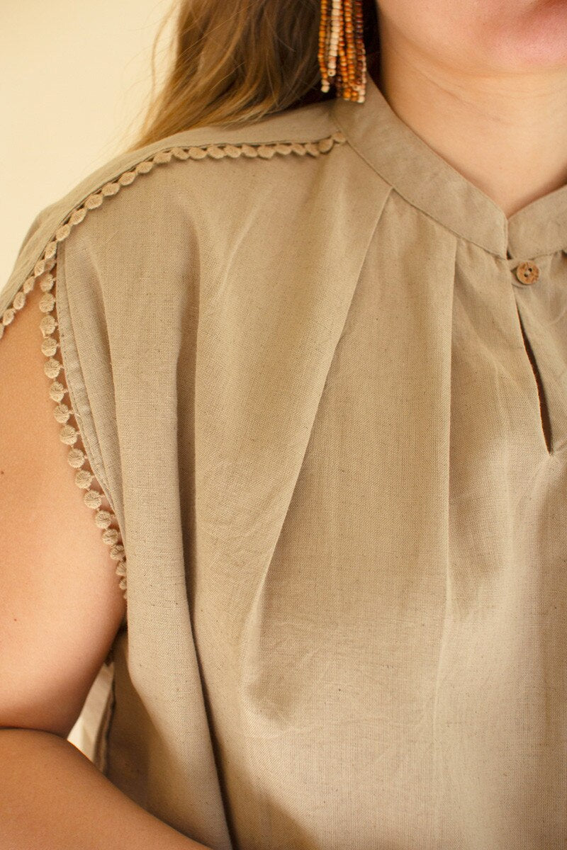 Oatmeal High-Neck Shortsleeve Blouse with Flat Pom-Pom Lace Detail