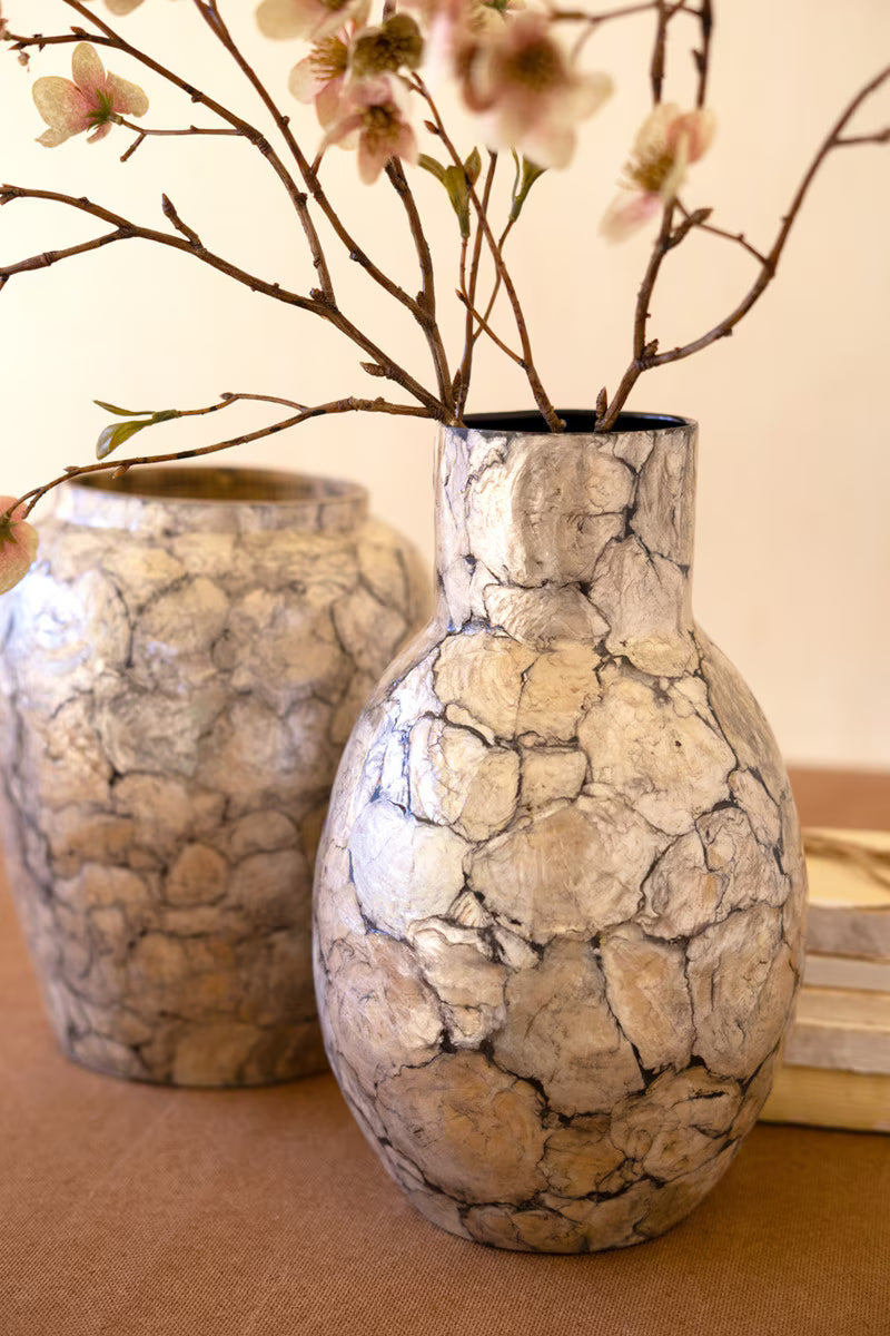 Narrow Spun Bamboo Vases with Capiz Shell Detail