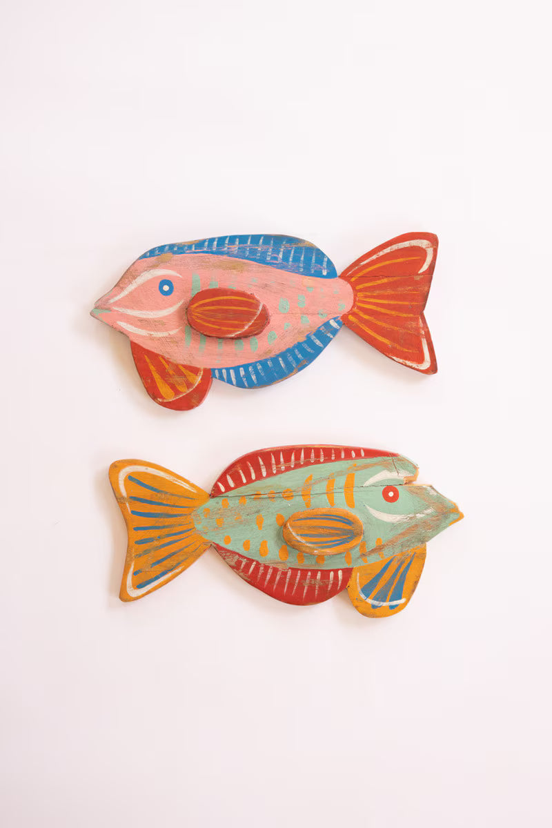 Set of 2 Colorful Wood Fish Wall Plaques