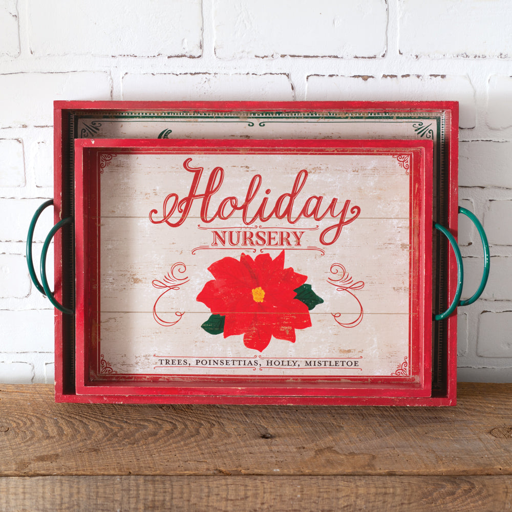 Set of Two Wood Holiday Serving Trays