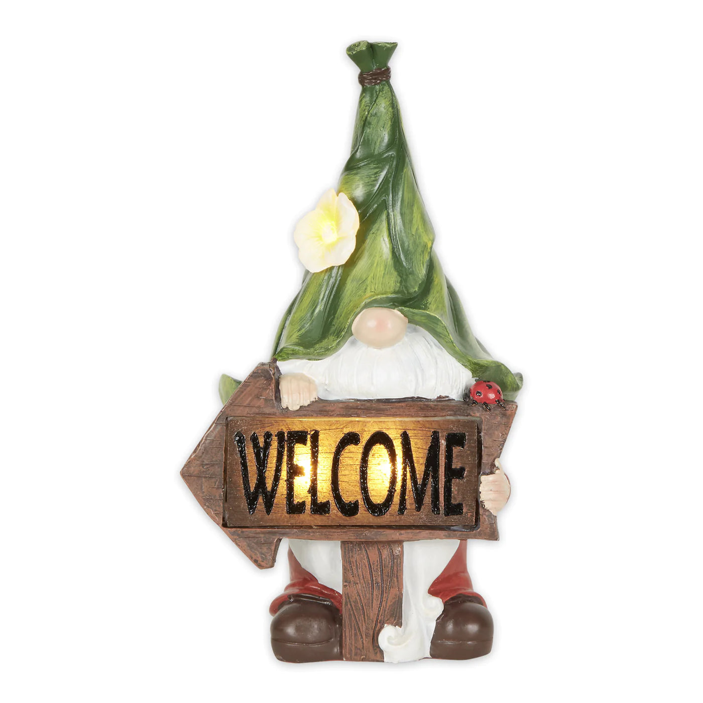 Gnome With Glowing Welcome Sign Solar Statue
