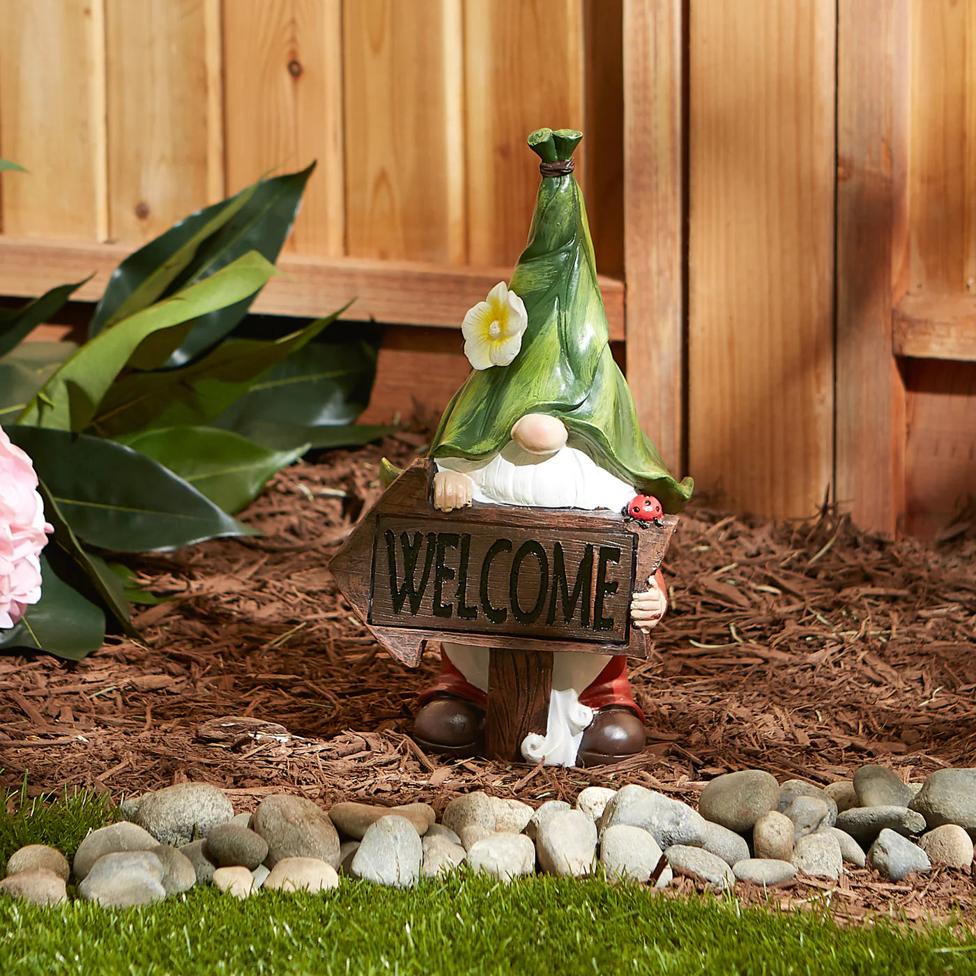 Gnome With Glowing Welcome Sign Solar Statue