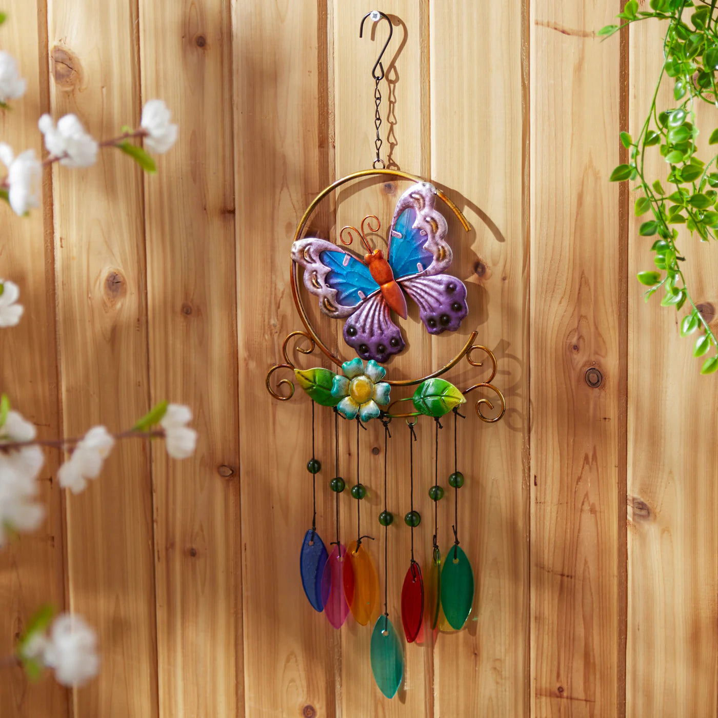 Glass Leaves Wind Chime - Butterfly Iron Ornament