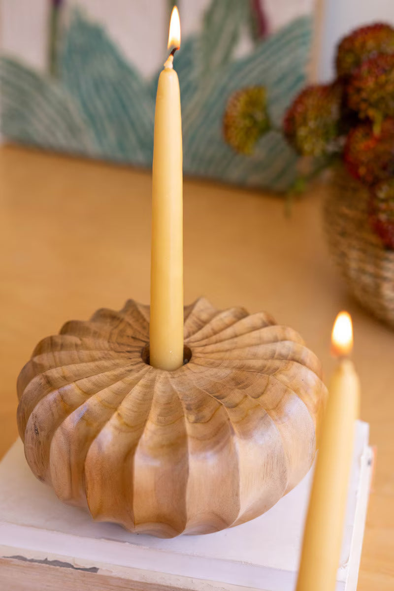Set of 2 Carved Teakwood Pumpkins Taper Candleholders