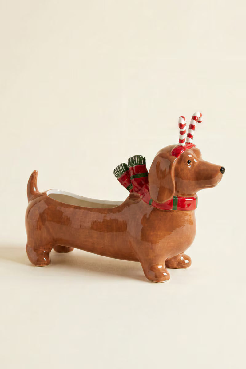 Ceramic Christmas Dachshund Planter with a Candy Cane Headband
