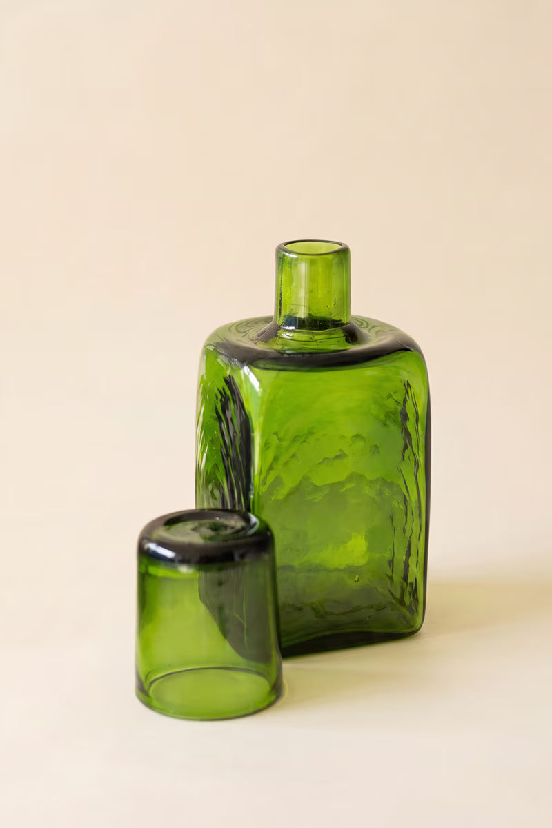 Green Recycled Glass Bedside Water Carafe and Drinking Glass