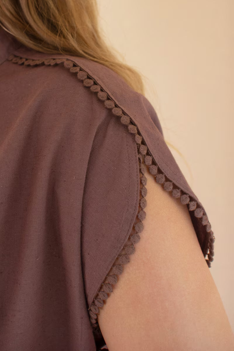Mulberry High-Neck Shortsleeve Blouse with Flat Pom-Pom Lace Detail