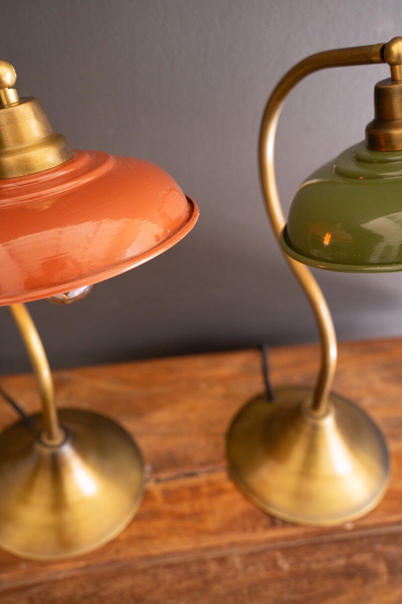 Antique Brass Table Lamp with Green Enamel Shade