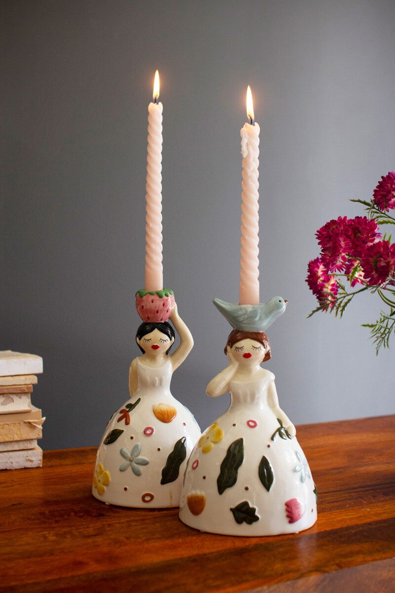 Set of 2 Ceramic Girl Taper Candle Holders