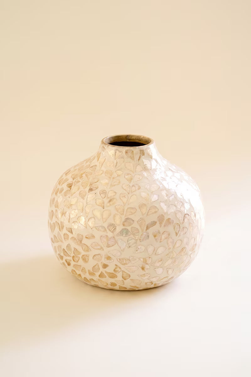 Short Spun Bamboo Vase with Neutral Capiz Shell Detail