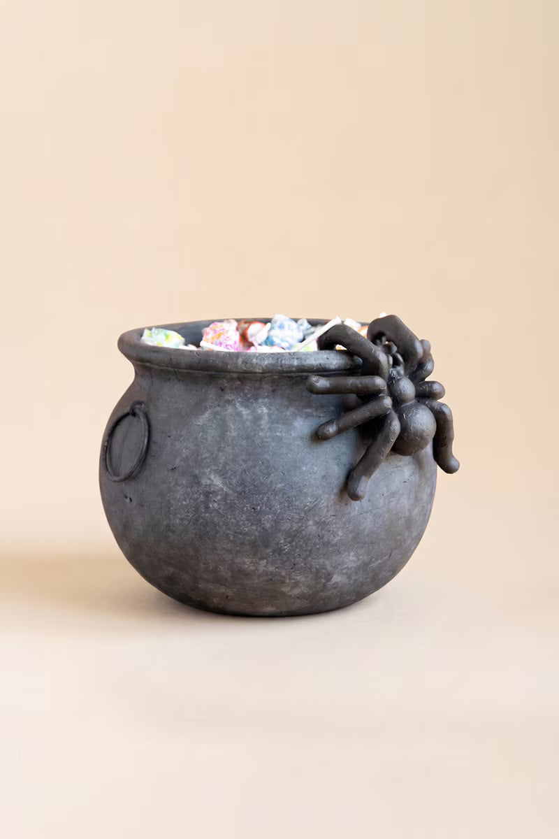 Black Terracotta Halloween Candy Cauldron with Spider