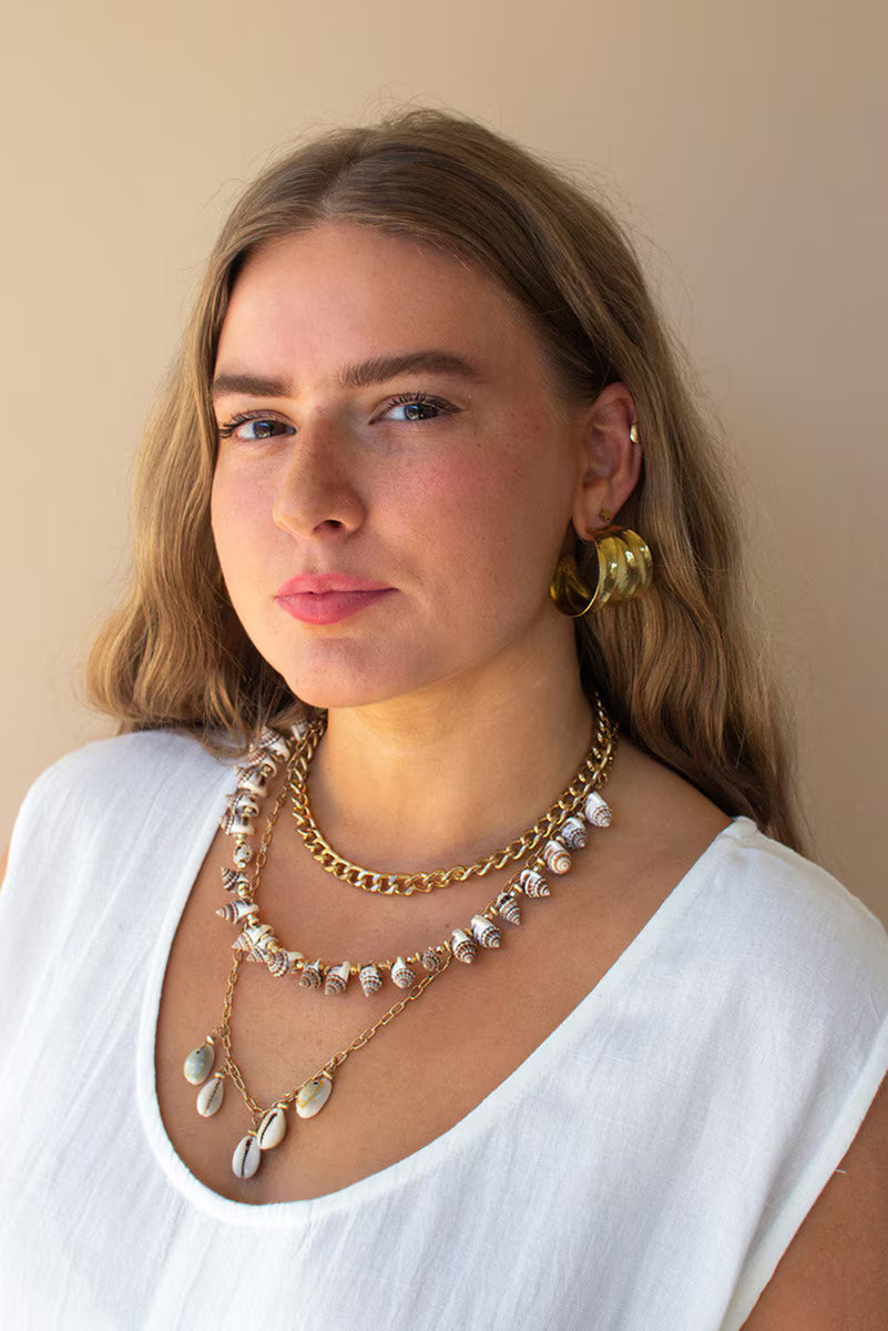 Gold-Tone Chain and Shell Bead Triple Swag Necklace