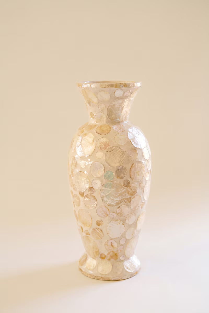 Medium Spun Bamboo Vase with Neutral Capiz Shell Detail