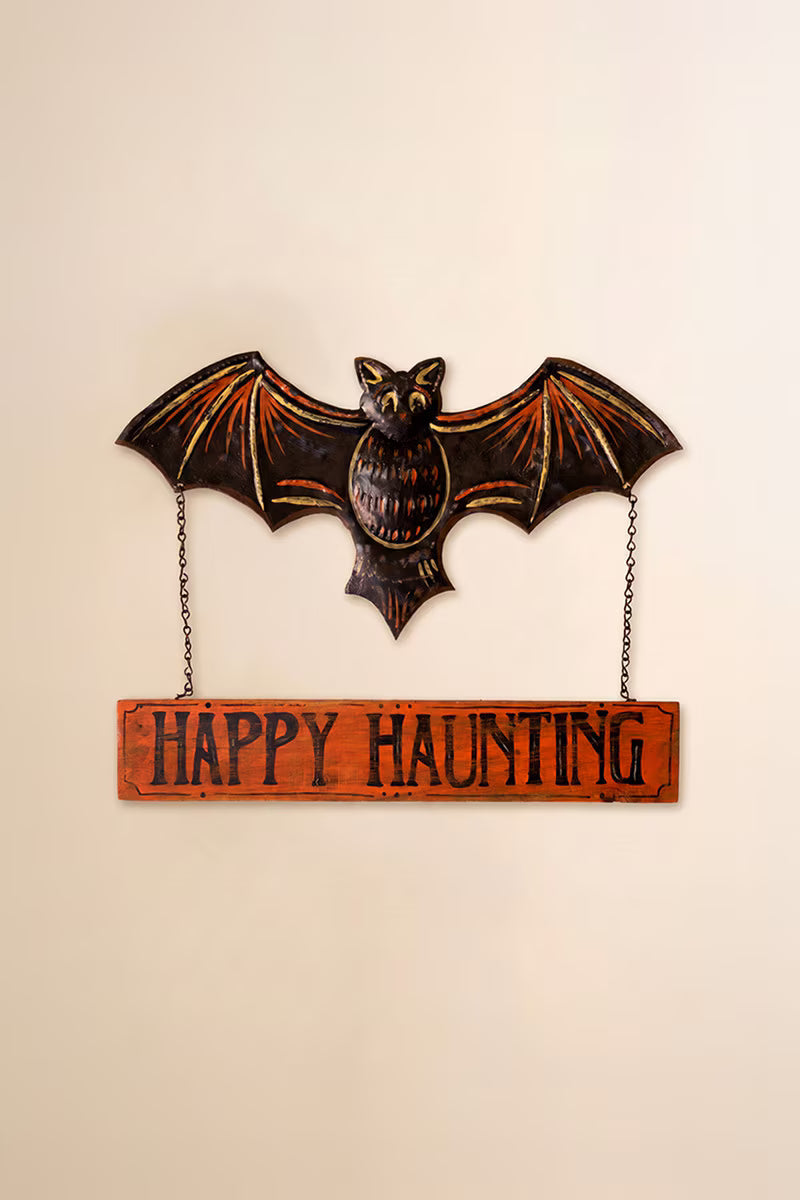 Hand-Hammered Painted Metal Bat with Happy Haunting Sign Wall Hanging