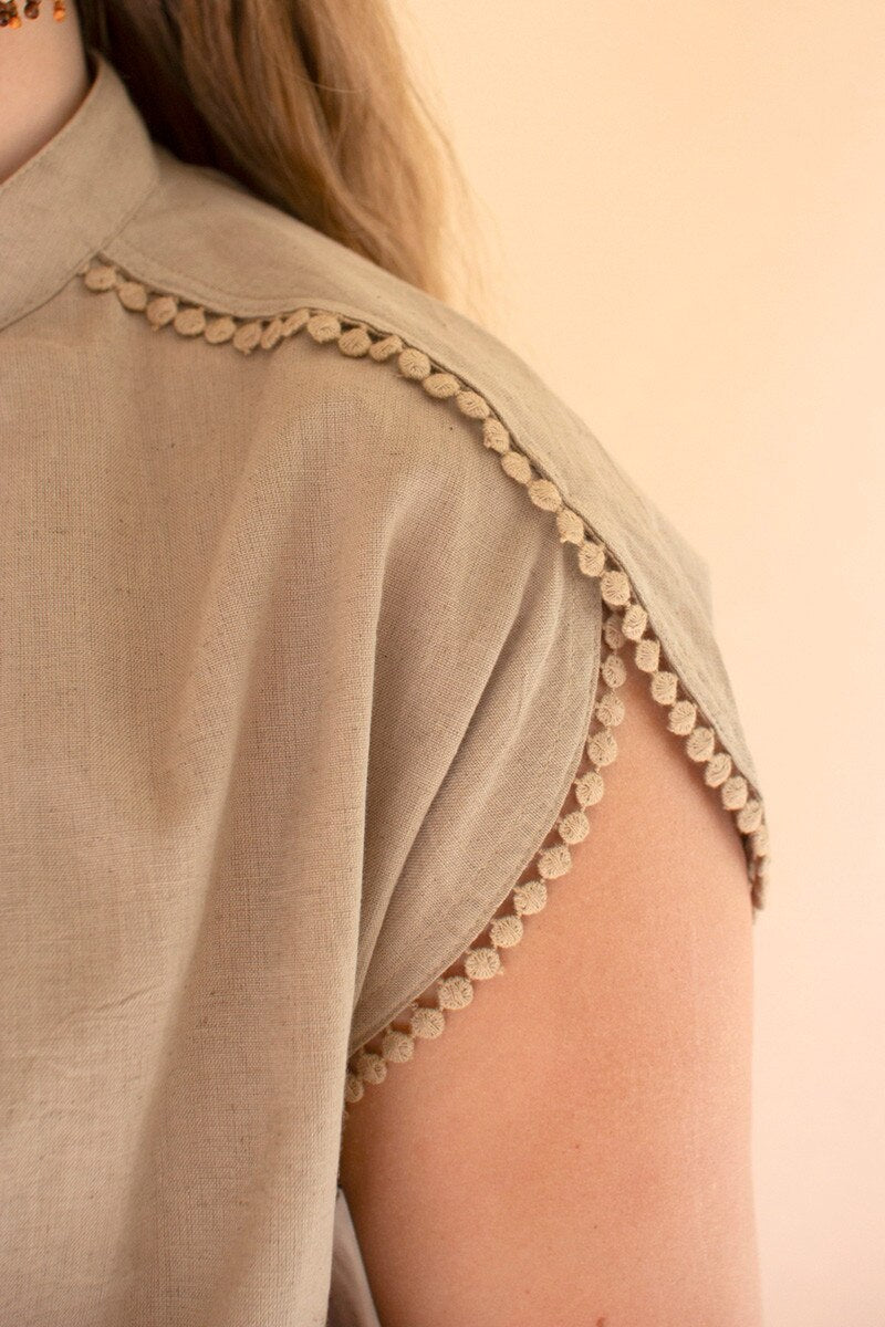 Oatmeal High-Neck Shortsleeve Blouse with Flat Pom-Pom Lace Detail