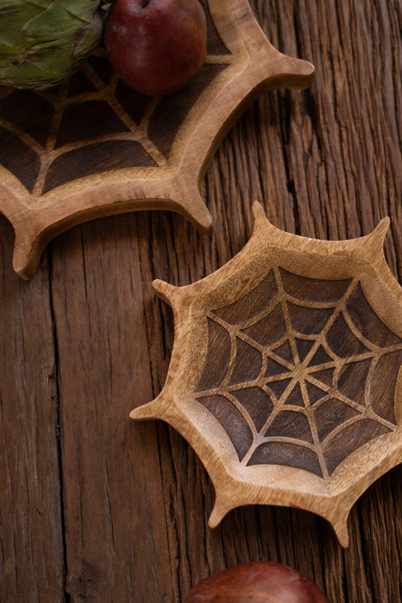 Set of 2 Carved Mango Wood Halloween Spider Web Bowls
