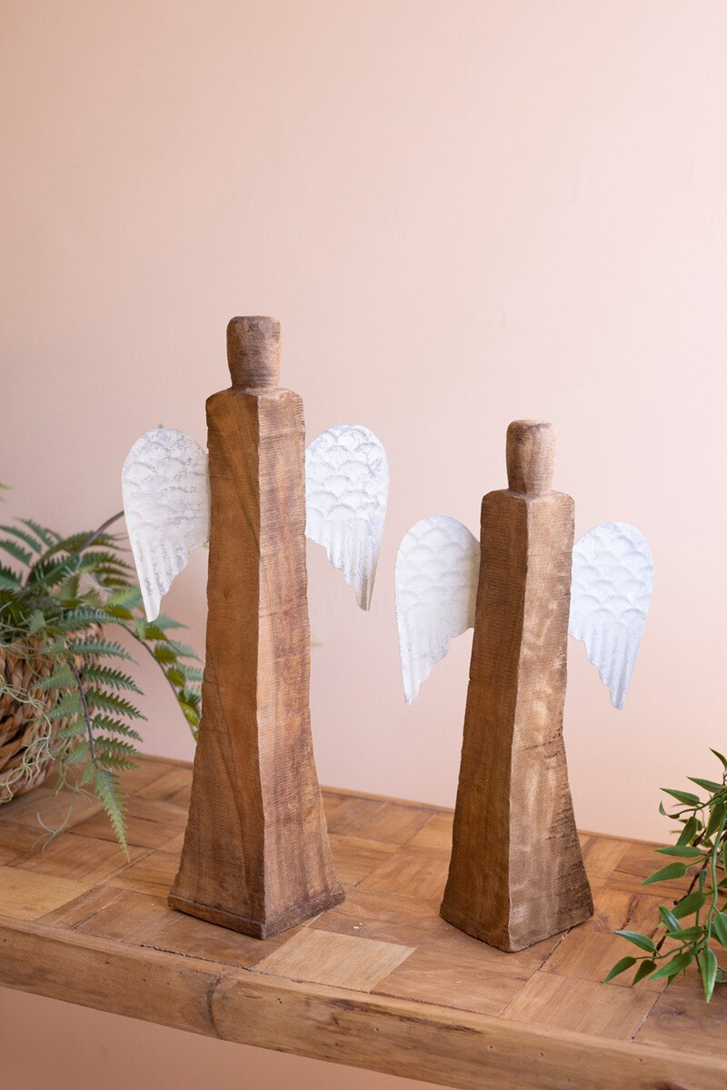 Set of 2 Recycled Wood Angels with Metal Wings