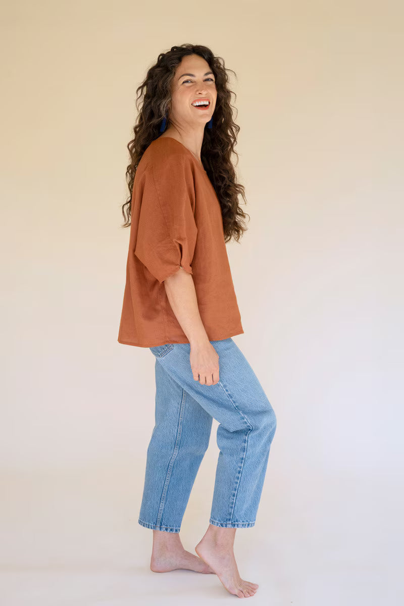 Cinnamon Short-Sleeve Blouse with Button Detail on Sleeves