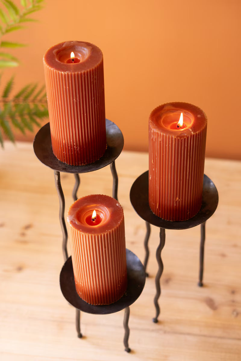 Set of 3 Forged-Iron Rustic Metal Candle Stands with Wavy Legs