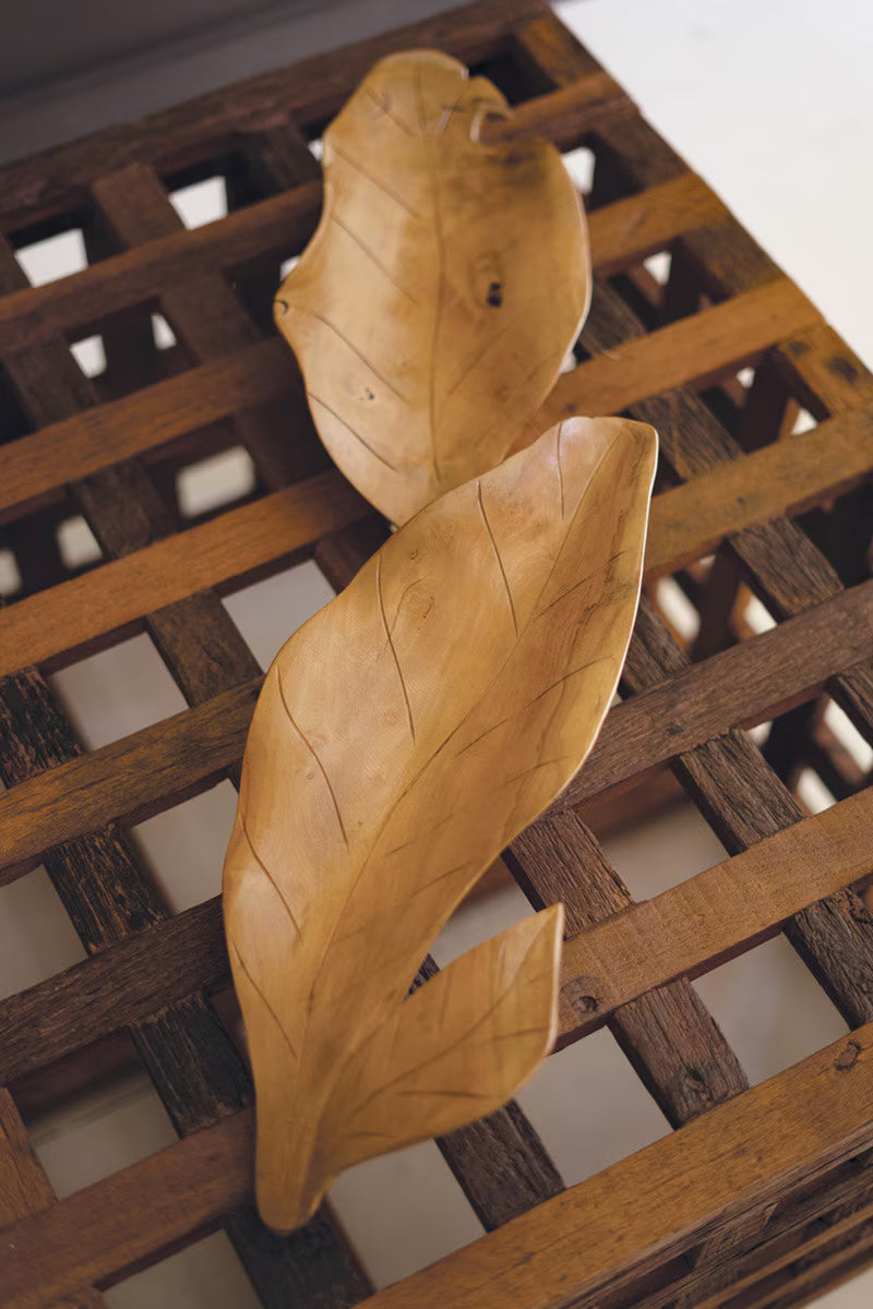 Hand-Carved Teakwood Tabletop Leaves Sculpture
