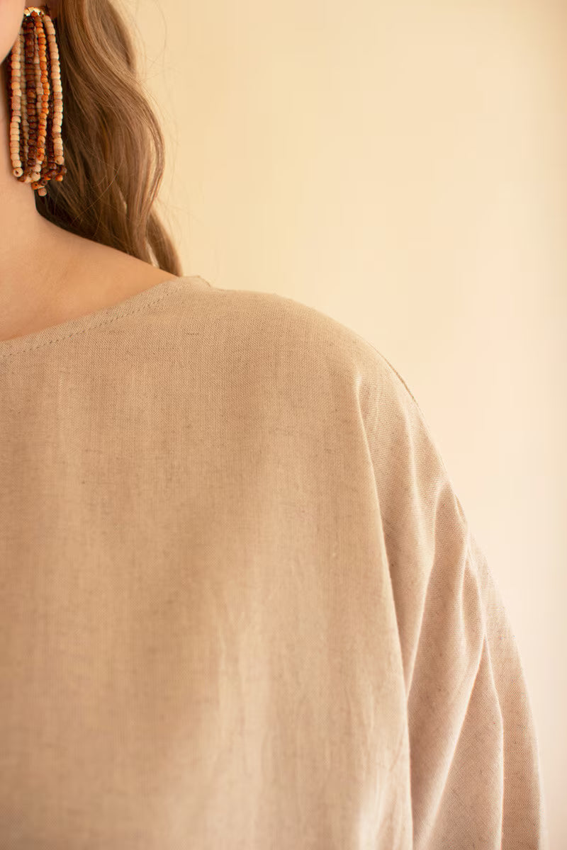 Short-Sleeve Blouse with Button Detail on Sleeves Oatmeal