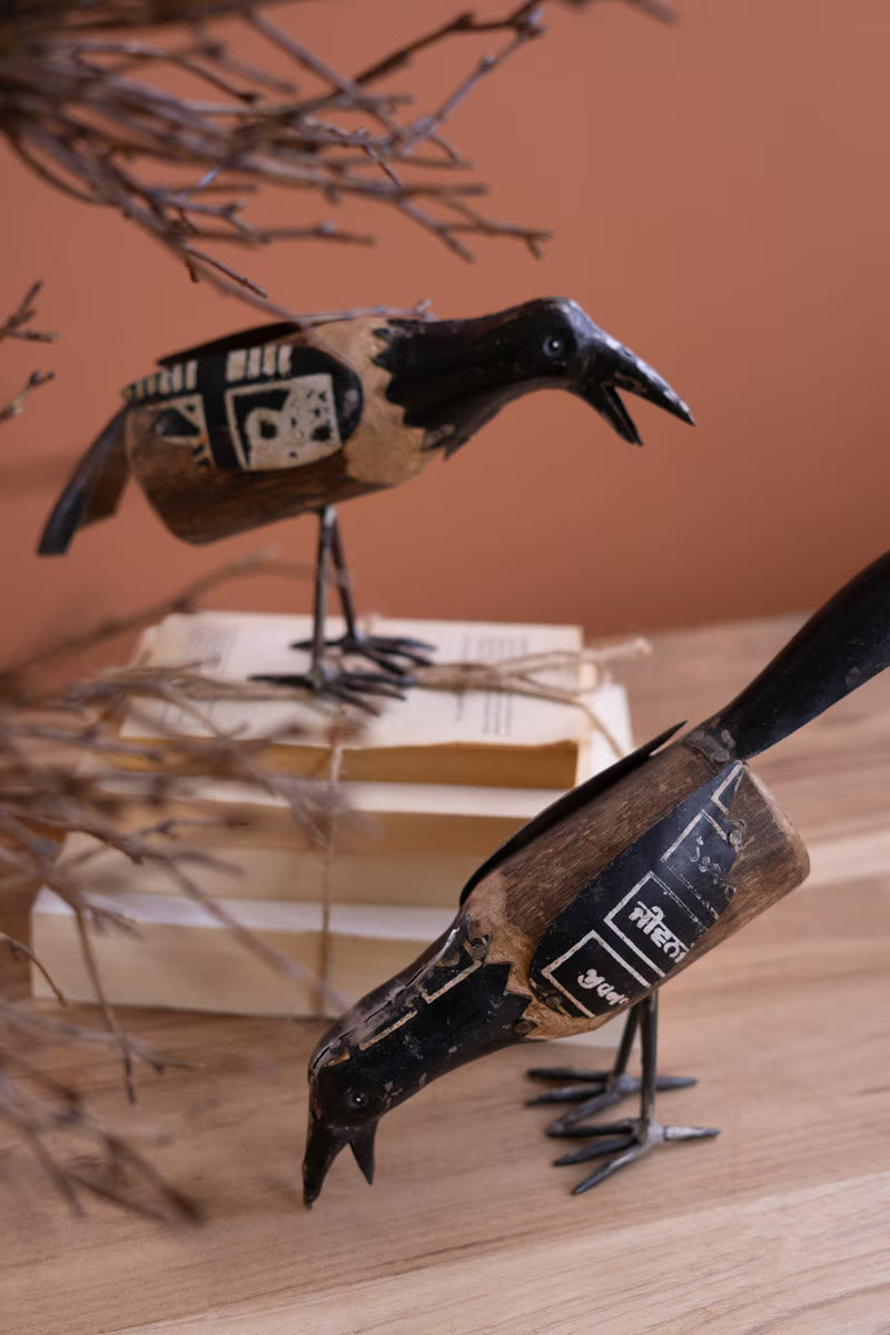 Set of 2 Recycled Metal and Wood Crows