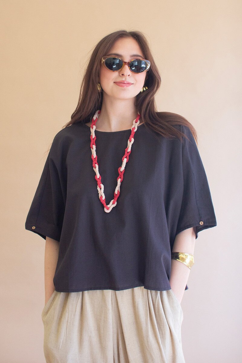 Short-Sleeve Blouse with Button Detail on Sleeves