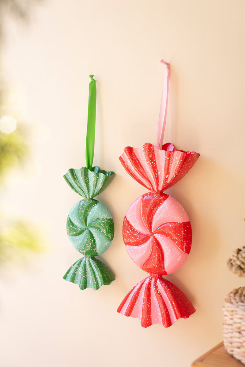 Set of 2 Large Painted Metal Colorful Christmas Candy Ornaments