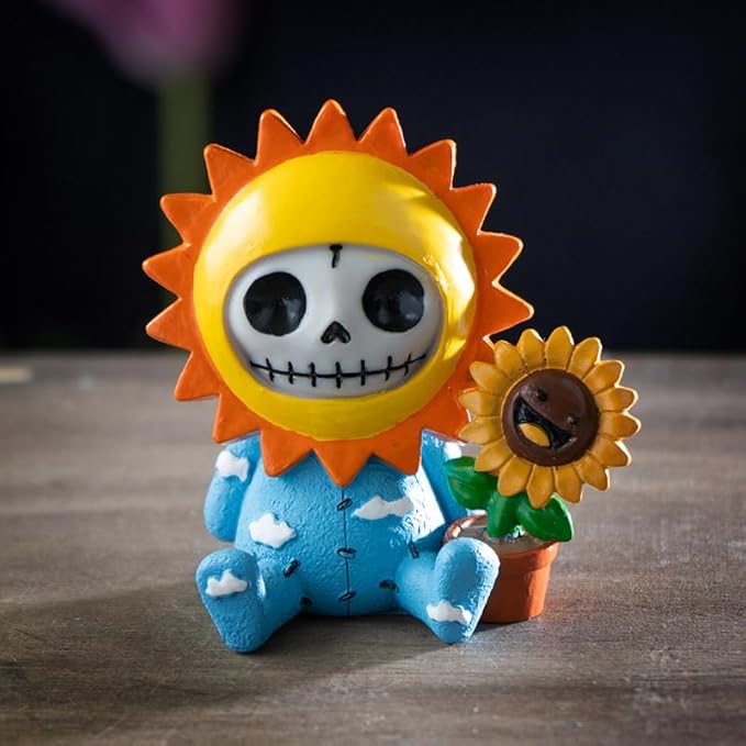 Skeleton in Sunflower Costume with Smiling Potted Sunflower