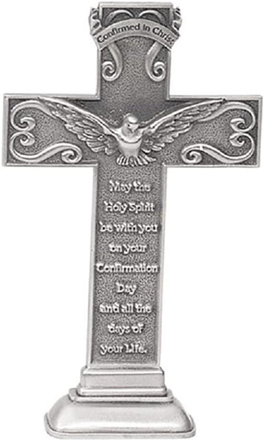 Confirmation Cross Pewter Standing with Holy Spirit Dove  5.50"