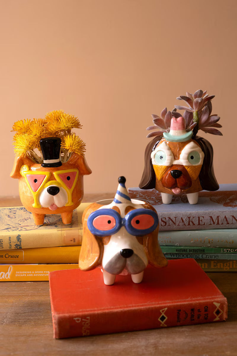 Set of 3 Ceramic Party Puppy Planters