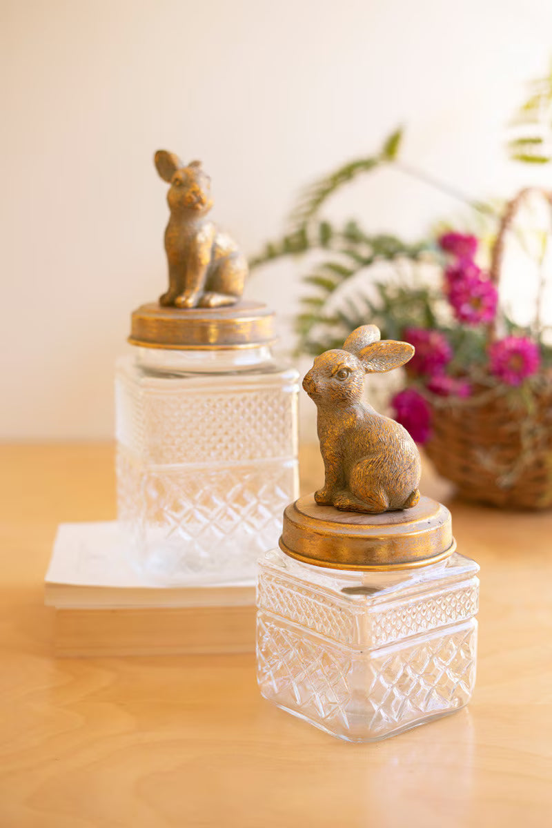 Set of 2 Resin and Glass Rabbit Canisters