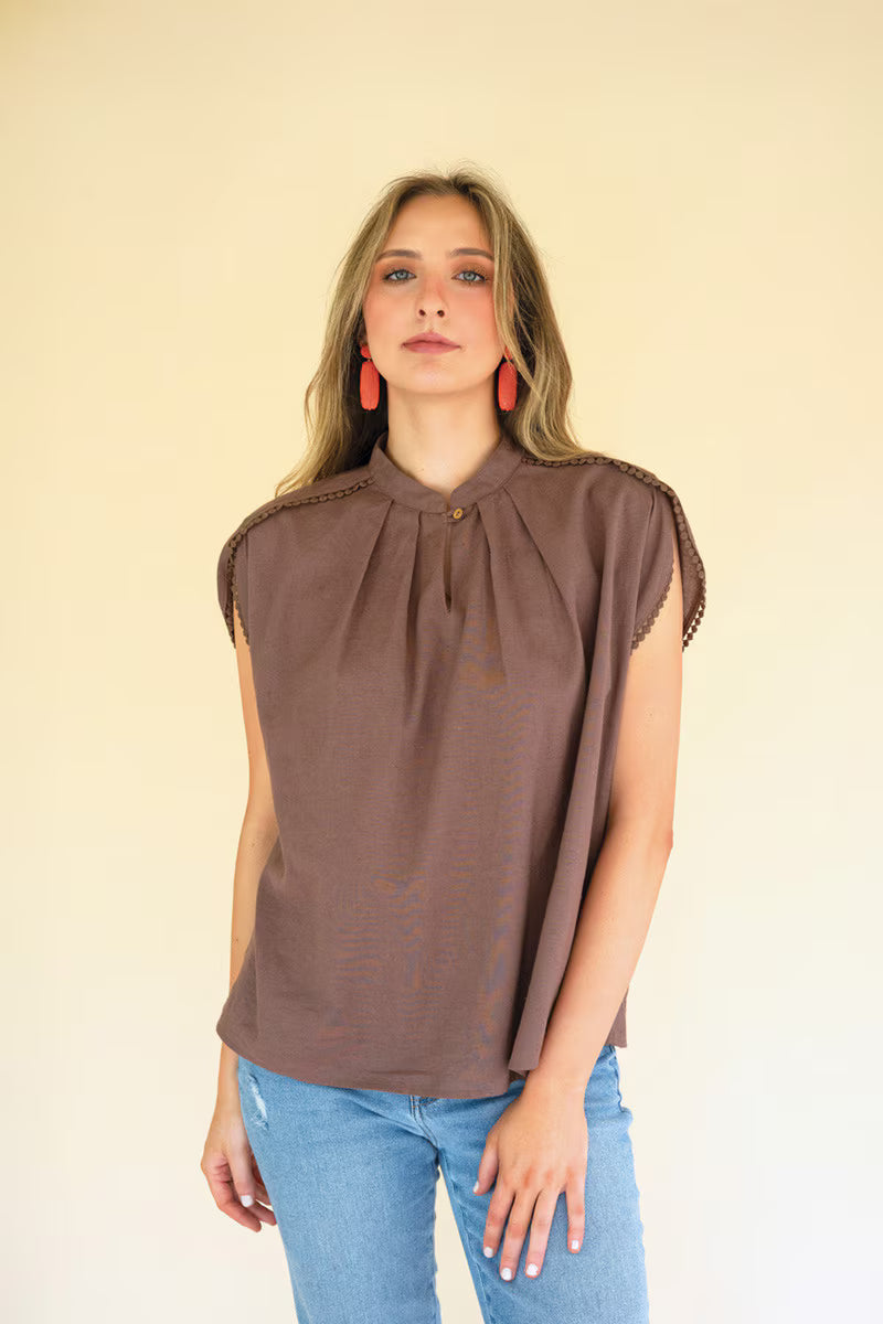 Mulberry High-Neck Shortsleeve Blouse with Flat Pom-Pom Lace Detail