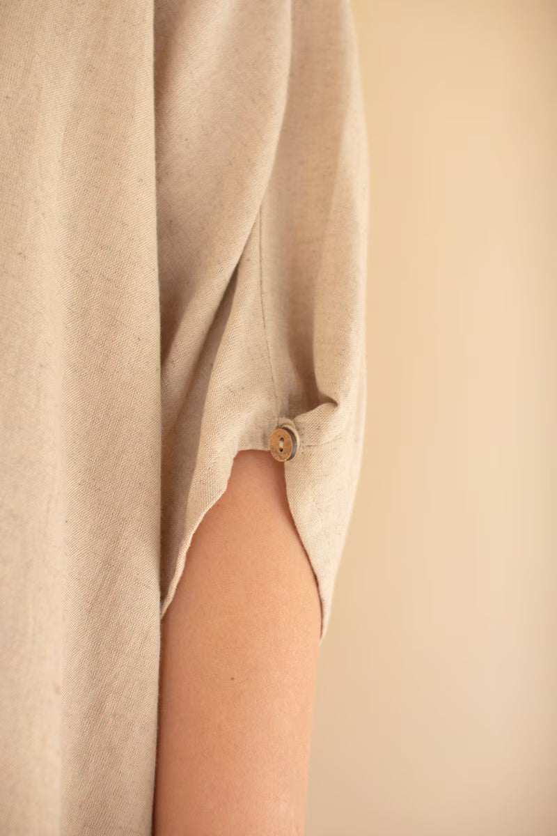 Short-Sleeve Blouse with Button Detail on Sleeves Oatmeal