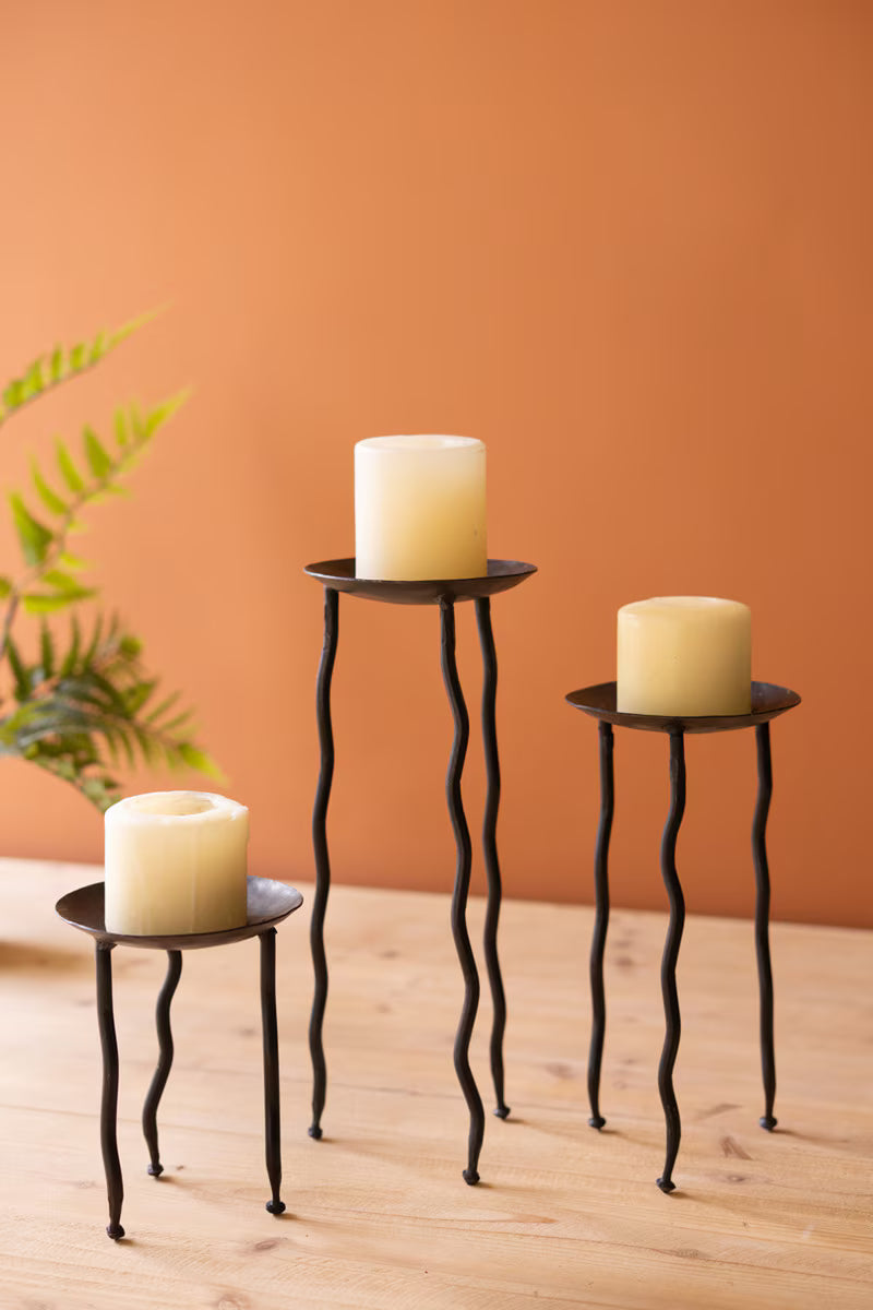 Set of 3 Forged-Iron Rustic Metal Candle Stands with Wavy Legs