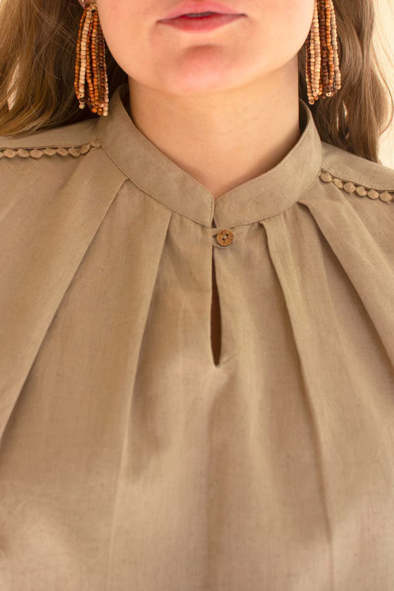 Oatmeal High-Neck Shortsleeve Blouse with Flat Pom-Pom Lace Detail