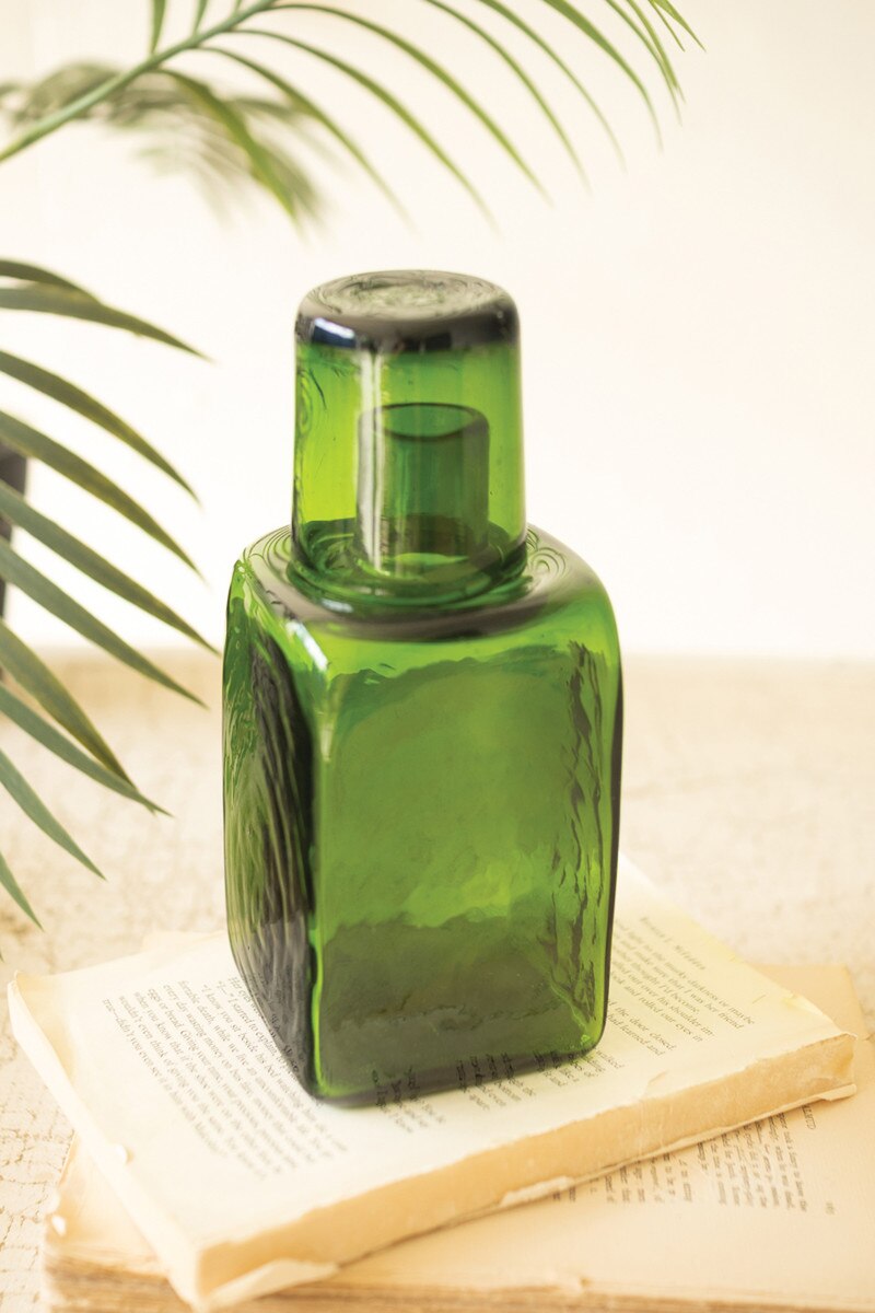 Green Recycled Glass Bedside Water Carafe and Drinking Glass