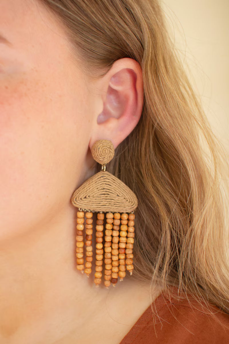 Raffia and Mango Wood Beaded Earrings