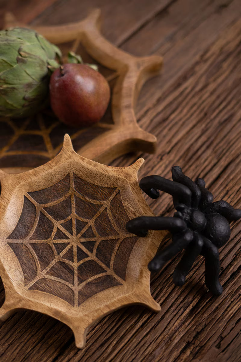 Set of 2 Carved Mango Wood Halloween Spider Web Bowls