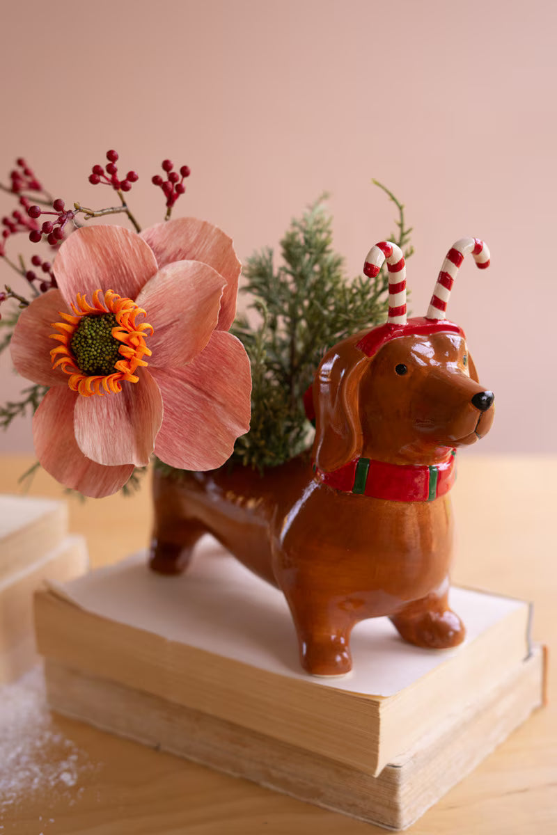 Ceramic Christmas Dachshund Planter with a Candy Cane Headband