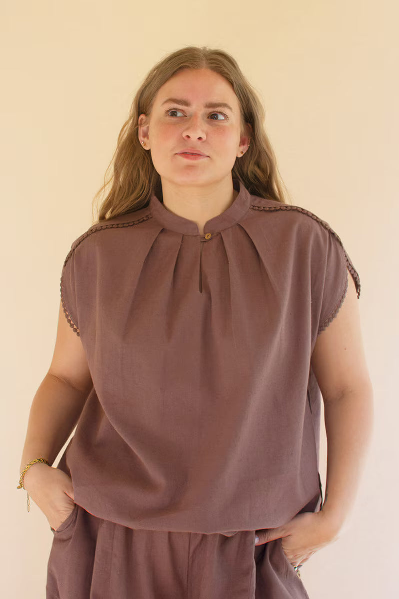 Mulberry High-Neck Shortsleeve Blouse with Flat Pom-Pom Lace Detail