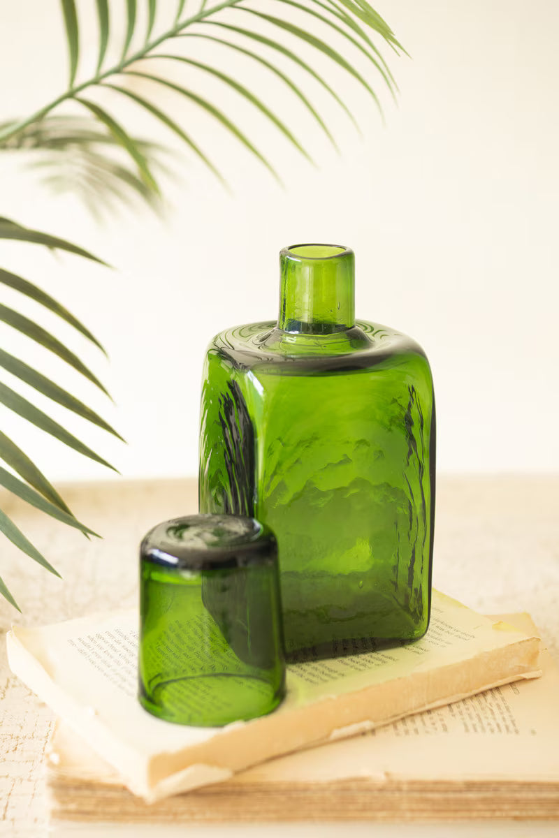 Green Recycled Glass Bedside Water Carafe and Drinking Glass