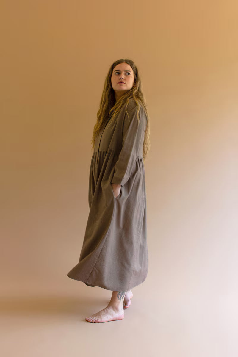 Mocha Long-Sleeve Buttondown Dress with Pockets