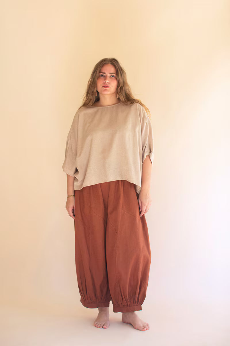 Short-Sleeve Blouse with Button Detail on Sleeves Oatmeal
