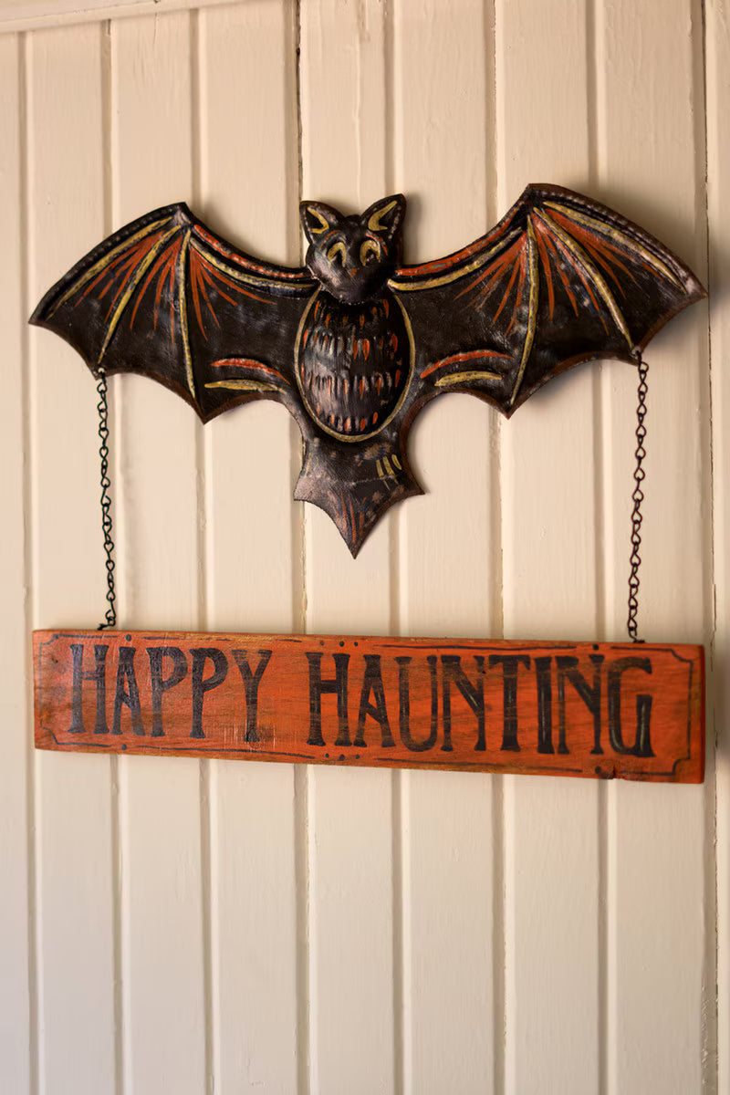 Hand-Hammered Painted Metal Bat with Happy Haunting Sign Wall Hanging