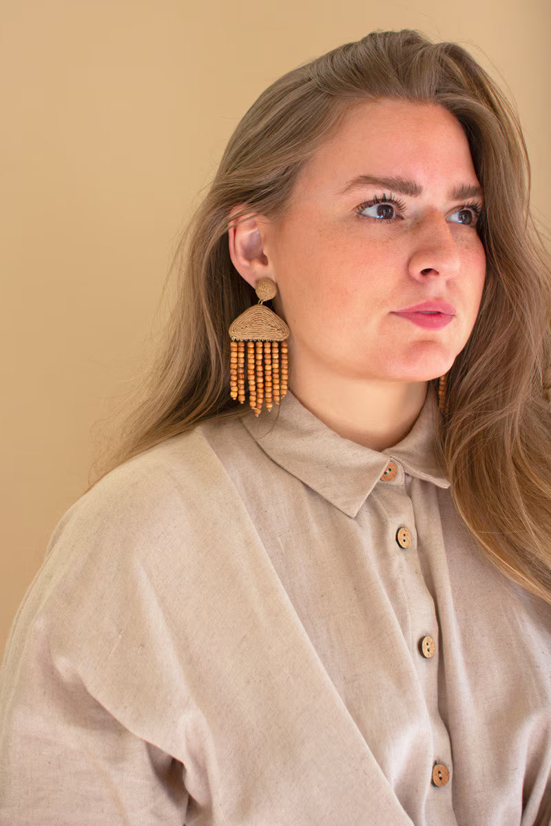 Raffia and Mango Wood Beaded Earrings