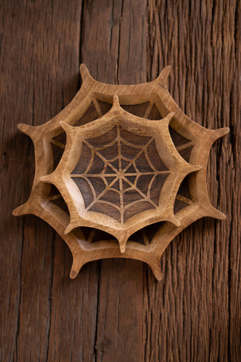 Set of 2 Carved Mango Wood Halloween Spider Web Bowls